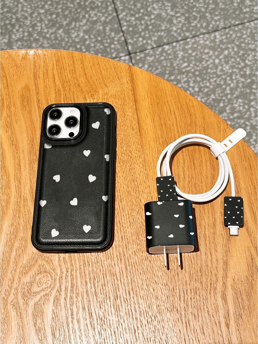 Minimalist White Heart Pattern, Phone Case And Charger Head Protective Case, Soft Textured Leather Phone Case, Full-Coverage Anti-Drop Design, High-End Protective Phone Case, Compatible With IPhone 17/17 PROMAX/17PRO/AIR/16/11/13 Pro/15 Pro/15/13 Pro Max, 16PROMAX Compatible With Iphone 14/13/12 Anti-Fall Material, Full Coverage Applicable To 17Pro Max Phone Cable Protection Cover, Anti-Bending, Anti-Cat Bite, Silicone Phone Case, Gift For Women, Valentine's Day Gift - Black - View 1