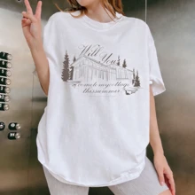 Camiseta de punto informal, holgada, con cuello redondo y estampado de moda de algodón puro para verano y otoño para mujer - Blanco - Ver 1