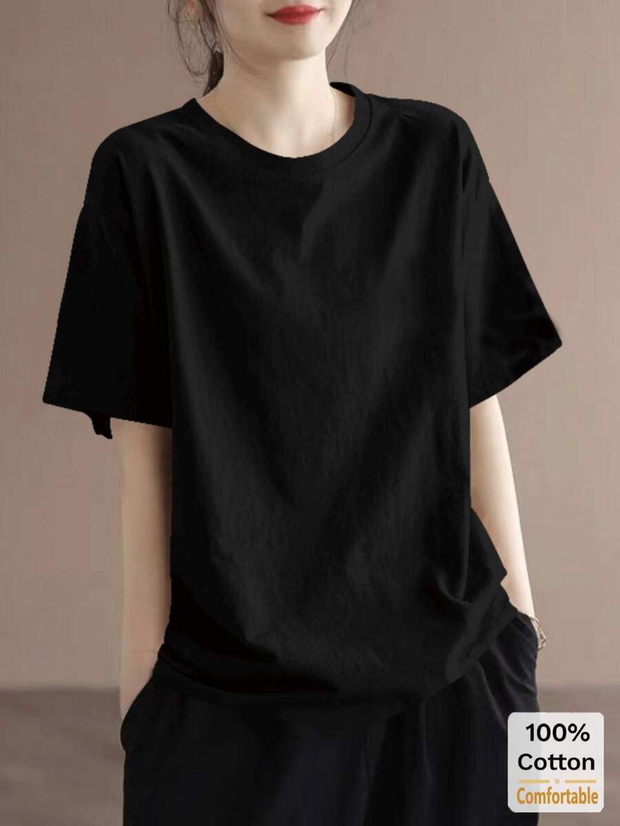 Áo thun ngắn tay dáng lửng thời trang nữ mùa Xuân/Hè 2026, kiểu dáng thường ngày màu đen. - màu đen - Xem 1