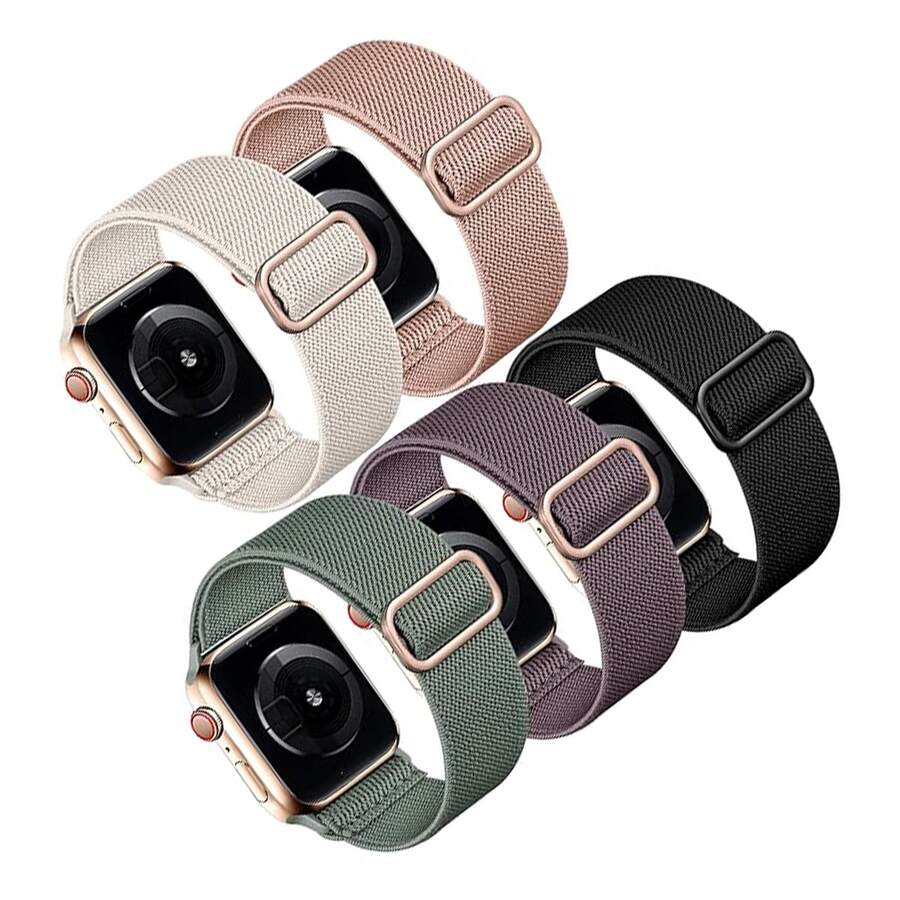 Bộ 5 dây đeo đồng hồ dệt đơn, tương thích với Apple Watch 38mm/40mm/41mm/42mm/44mm/45mm/46mm/49mm, unisex; Dây đeo nylon co giãn, phù hợp với Ultra/SE/11/10/9/8/7/6/5/4/3/2/1 Series; Dây đeo nylon co giãn đa năng 18mm/20mm/22mm, phù hợp với HW Watch 3Pro/GT3pro/Sam Watch7/6/5/4/5Pro/ Smartwatches; Dây đeo thể thao nylon mềm mại, có thể điều chỉnh, thoáng khí, phù hợp với Versa2/Versa3/Versa4/Charge 5/6 - Ánh sao + Hồng da thịt + Xanh lá kim thông + Tím khói + Đen - Xem 1