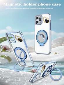 1 Set Heart-Shaped Diamond + New CD Pattern Foldable Holder + Electroplated Protective Phone Case, Suitable For Infinix Zero 30/Pop/Camon/Smart Series, 11/12/13/14/15 Pro Max, S22/23/24+, , OPPO, VIVO, Redmi 13C+, Moto G, Redmi Note 13C/12/11 Pro, Enjoy 20/30/40/50/60/70, HONOR 90/80/70/60/50/X9/X8/X7/X6/X5, Anti-Fall New Electroplating Craftsmanship - Blue - View 2