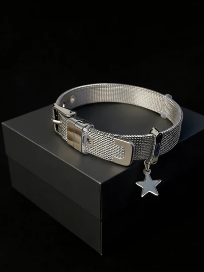 1pc Silver Mesh Pentagram Bracelet, Minimalist Cool & Stylish Fashion Accessory For Men, Suitable For Party, Street, And Daily Wear (OPP Bag Packaging)