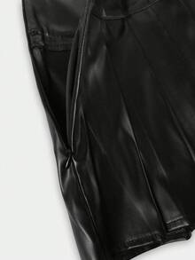 女士夏季街头朋克风黑色仿皮褶皱迷你裙，纽扣前开襟，机车风前卫时尚修身裙 - 黑色 - 查看 6