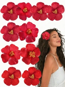 1/10个夏威夷芙蓉花发夹，女士女孩适用，大号多色热带人造花卉发夹，波西米亚风发饰，适合夏季海滩度假、夏威夷派对、婚礼回礼、情人节（红色），爪夹，头饰，发卡 - 紅色 - 查看 7