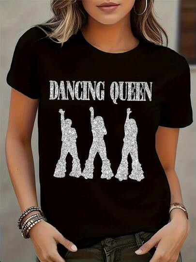100% Cotton Women's Silver Glitter Disco Dancer Graphic Short Sleeve T-Shirt, Featuring Graphics For Women, Designed For Spring, Summer, And Autumn - A Standard-Sized Casual Top For Women'S Everyday Fashion.