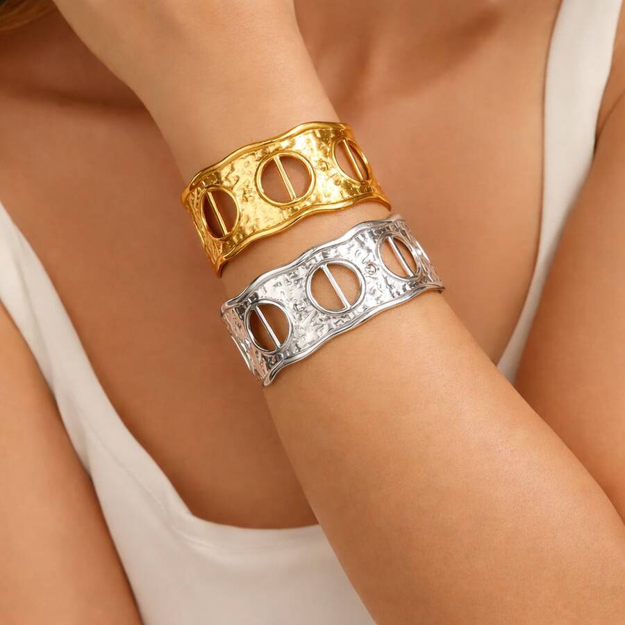 Elegant And Adjustable Women's Bracelet, Open, In A Teardrop Shape, Plated In 925 Sterling Silver Or 18K Gold. - Ouro + prata - 查看 1