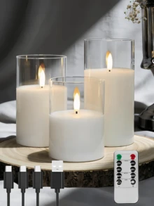 3pcs Rechargeable LED Electronic Candles, (Battery Included), With USB Charging Cable, Suitable For Holidays, Weddings, Gifts, Fireplace, Home Decor - Transparent - View 3