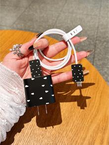 Minimalist White Heart Pattern, Phone Case And Charger Head Protective Case, Soft Textured Leather Phone Case, Full-Coverage Anti-Drop Design, High-End Protective Phone Case, Compatible With IPhone 17/17 PROMAX/17PRO/AIR/16/11/13 Pro/15 Pro/15/13 Pro Max, 16PROMAX Compatible With Iphone 14/13/12 Anti-Fall Material, Full Coverage Applicable To 17Pro Max Phone Cable Protection Cover, Anti-Bending, Anti-Cat Bite, Silicone Phone Case, Gift For Women, Valentine's Day Gift - Black - View 5