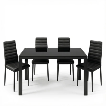 Asofer 5-Piece Kitchen Glass Dining Set,  Table 4 Chairs Set  For Dining Room, Space-Saving With Tempered Glass Tabletop, 4 Upholstered Leather Chairs