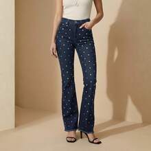 pthirillo Women's Dark Blue Flare Jeans With Butt-Lifting, High Waist, And Rhinestone Detail - Premium Rhinestone Jeans - 鏡子標誌 - 查看 3