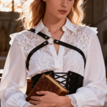 Handcrafted Leather Body Harness For Women, Adjustable Waist Belt, Metal Circle Accents, Gothic Punk Versatile Accessory For Dress, Party, Rave - Black - View 3