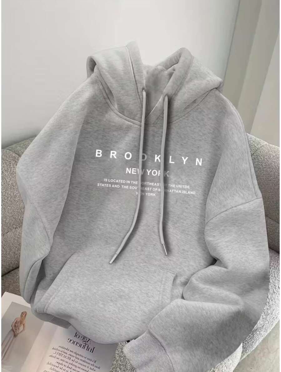 Brooklyn New York Unisex Fleece Sweatshirt, Long Sleeve, Flannel Lined, With Pocket And Kangaroo Hood, Warm For Winter - Xám - Xem 1