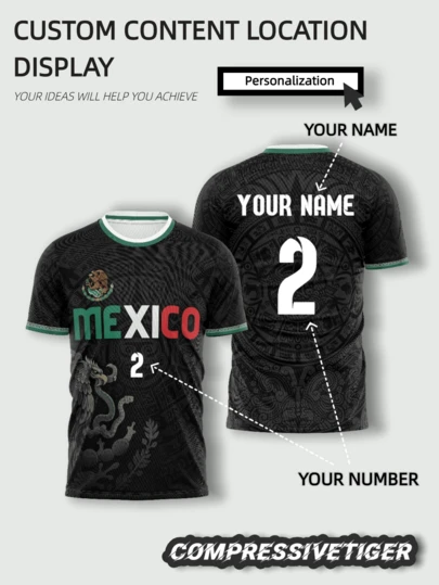 Custom Mexico Football Jersey - Black With Green Trim, Made Of Lightweight Quick-Dry Fabric, Can Add Your Name And Number, 2026 World Cup, Valentine's Day Gift