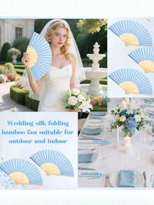 三件套优雅折叠扇套装，包含领结和礼品袋，新娘竹制手持扇，理想的伴娘礼物和婚礼装饰，非常适合派对和活动，精美的夏季配饰 - 多色 - 查看 2