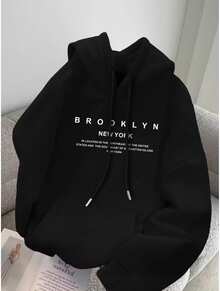 Brooklyn New York Unisex Fleece Sweatshirt, Long Sleeve, Flannel Lined, With Pocket And Kangaroo Hood, Warm For Winter - 黑色 - 查看 6