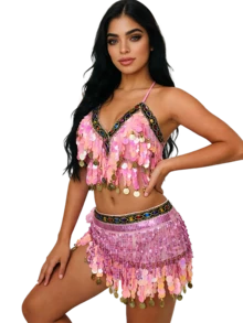 Belly Dance Costume Set Halter Neck Sequin Tassel Bra & Hip Scarf Performance Outfit - Multicolor - View 21