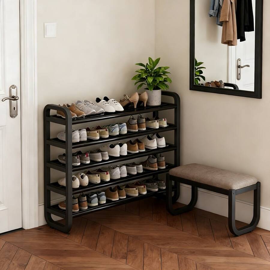 Durable 5-Layer Black Shoe Rack - Space-Saving Narrow Design, Wooden-Free Iron Craftsmanship, Suitable For Floor Installation In Foyers, Dormitories And Living Rooms, Shoe Rack, Wall-Mounted Shoe Rack, Vertical Shoe Rack, Foldable Shoe Rack, Wall Shoe Rack, Small Shoe Rack, Shoe Rack, Shoe Rack Organizer With Door, Shoe Rack With Cover, Over-The-Door Shoe Rack, Hanging Shoe Rack Organizer, Dormitory Essential, Living Room Decoration, Modern Storage Device, Fashionable Shoe Rack, Iron Structure, Lightweight Rack, Multi-Layer Rack, Small Space Solution, Apartment Living - Black - View 1