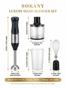 SOKANY 4-In-1 Multifunctional 1000W Stainless Steel Electric Hand Blender, SK-1711-4, Black - Black - View 4