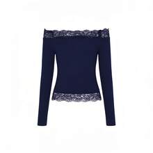 WOWDARK 女士夏季蕾丝边露肩长袖休闲上衣，蓝色，时尚性感，适合生日派对、情人节、约会、旅行、海滩等场合。 - 藏蓝色 - 查看 6