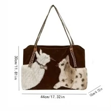 1pc Autumn/Winter "Plush Cat Dialogue" Fur Heavy Industry Embroidery Fashion Large Capacity Tote Shoulder Bag For Women - Multicolor - View 3