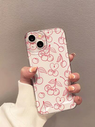 1个趣味涂鸦红色樱桃极简水果图案透明软手机壳，防滑防摔防黄轻薄全包软壳，兼容苹果手机