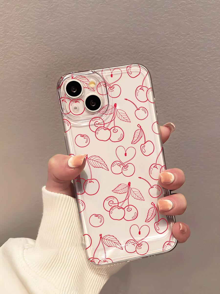 1个趣味涂鸦红色樱桃极简水果图案透明软手机壳，防滑防摔防黄轻薄全包软壳，兼容苹果手机 - 彩色 - 查看 1