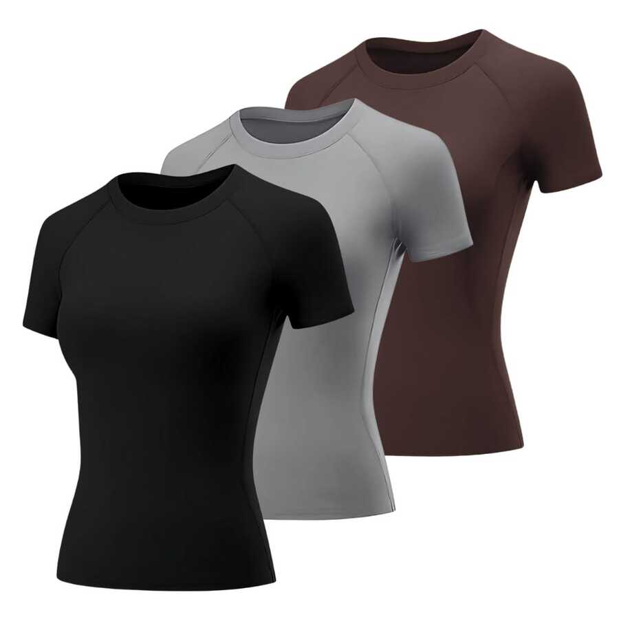 Set Of 3 Women's Dry Fit T-Shirts For Gym, Workout, And Fitness - 棕色 - 查看 1