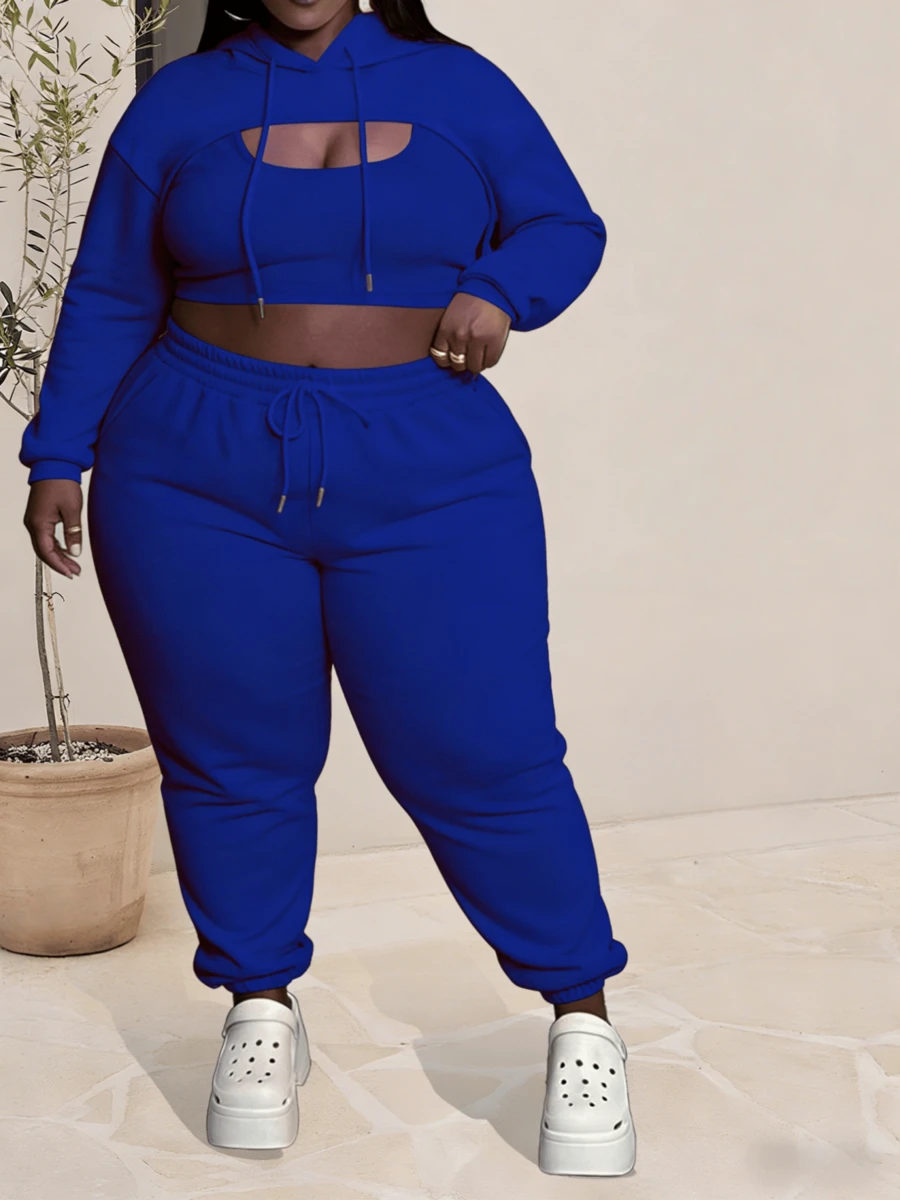 CALEBGAR Plus Size Women's Three-Piece Fleece-Lined Tracksuit, Includes Hoodie, Vest, And Long Track Pants |   Autumn/Winter Loose-Fit Casual Tracksuit |   Streetwear Sporty Style - 藍色 - 查看 1
