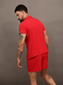 Men's Tracksuit Set: Shirt With Button-Down Shirt And Shorts With Pockets. - Đỏ - Xem 2