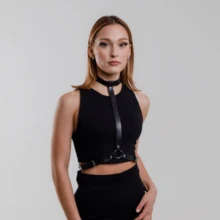 Handcrafted Leather Body Harness For Women, Adjustable Waist Belt, Metal Circle Accents, Gothic Punk Versatile Accessory For Dress, Party, Rave - Black - View 9