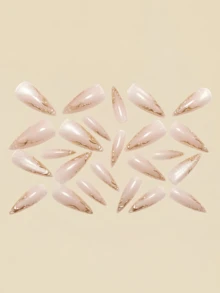 24pcs 3D Embossed Almond Shaped False Nails, Y2K Style Gold Nail Stickers - Gold - View 2