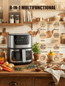 SOKANY 大容量空气炸锅烤箱一体机 - 轻松烘焙和油炸，插电式，智能触控屏，无油多功能烹饪，酥脆外皮，烘焙，加热，快速易用 - 健康饮食，轻松搞定 - 黑色 - 查看 8