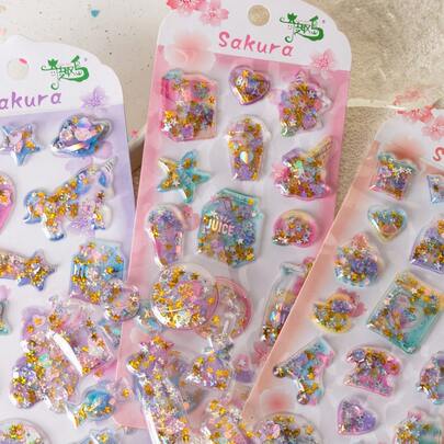 Sakura Theme Glitter Liquid Stickers - Colorful Dreamlike Dessert Decorative Stickers For Scrapbooking, Planner, Cute Stationery, Spring Atmosphere (Sweet Valentine's Day Gift)