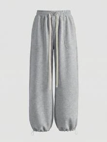 Women's Casual Street Style Minimalist Loose Drawstring Wide Leg Grey Sports Pants, Spring/Summer - Flower Grey - View 3