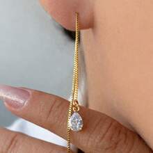 925 Sterling Silver Earrings With Elegant Teardrop-Shaped Pendants, Set With Cubic Zirconia And Plated In 18K Gold. - Vàng - Xem 2