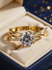 Women's Gold-Plated Cubic Zirconia Ring, Minimalist Round Center Stone Double-Layer Twisted Band, Versatile & Elegant For Daily Wear, Commute Or Casual, Great Birthday Gift For Fashionista - Gold - View 3