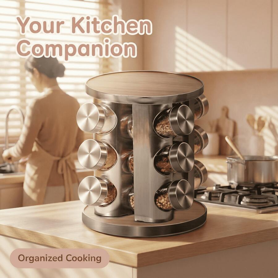 Estante multiusos para especias de 360 grados | Acero inoxidable, acabado cepillado, montaje en encimera, a prueba de fugas, organizador de espacio resistente, para encimera o gabinete, almacenamiento de cocina moderno, Juego de botellas de especias redondas reforzadas, Artículos esenciales de cocina - Blanco - Ver 1