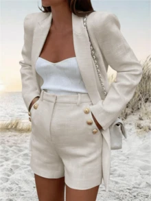 Imily Bela Womens 2 Piece Tweed Blazer Shorts Sets Long Sleeve Double Breasted Suit Jackets Sport Business Outfit - 米色 - 查看 2