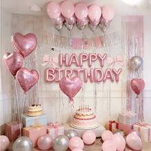 5/13/35/52/563pcs Fuchsia Pink Happy Birthday Set, Includes Fuchsia Pink Happy Birthday Letter, Heart, Bow Foil Balloons, Suitable For Ladies Theme, Birthday Room Decor, Anniversary, Birthday Party Balloons - Multicolor - View 1