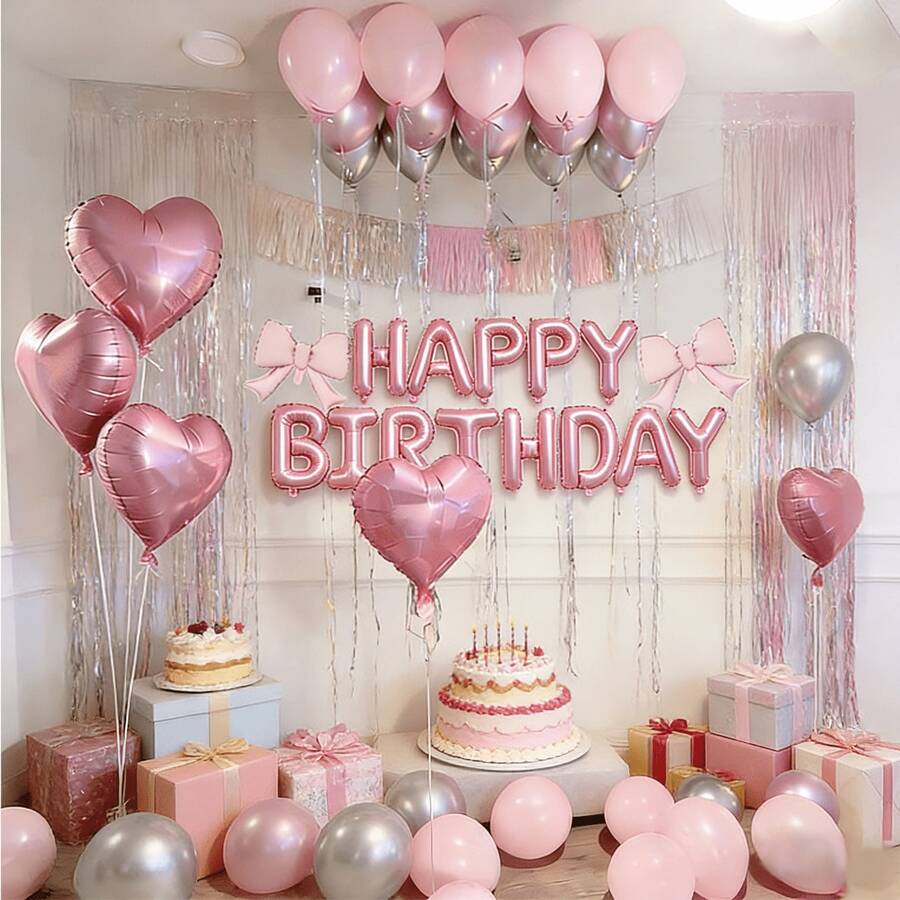 5/13/35/52/563pcs Fuchsia Pink Happy Birthday Set, Includes Fuchsia Pink Happy Birthday Letter, Heart, Bow Foil Balloons, Suitable For Ladies Theme, Birthday Room Decor, Anniversary, Birthday Party Balloons - Multicolor - View 1