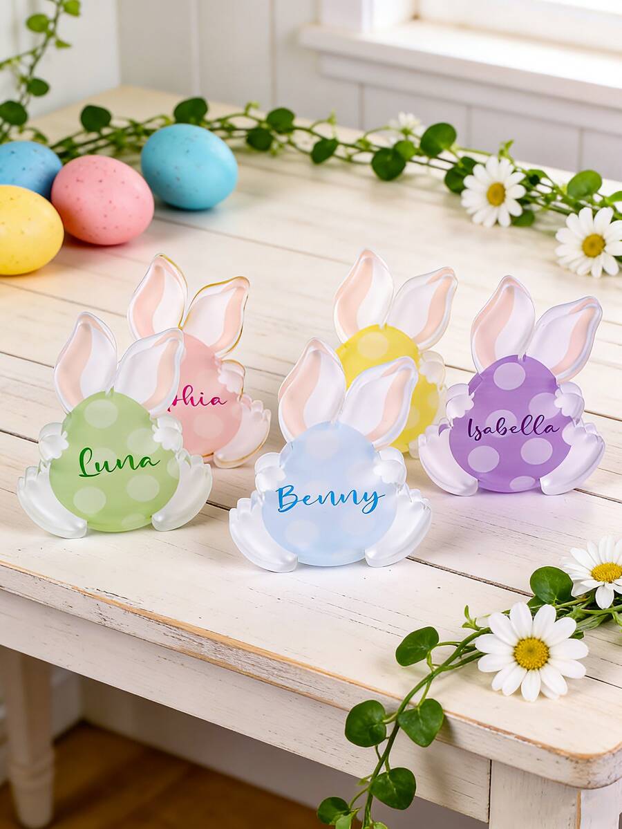 个性化复活节兔子铭牌 - 定制亚克力纪念品，复活节装饰礼品牌匾，可重复使用的复活节家居庆祝标牌，儿童和家庭复活节纪念装饰品 - C-復活節籃子裝飾 - 查看 1