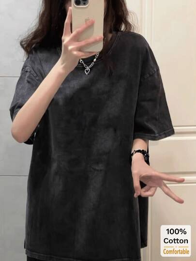 Washed Black Long Sleeve T-Shirt, Loose Vintage Chic Oversized Women Top