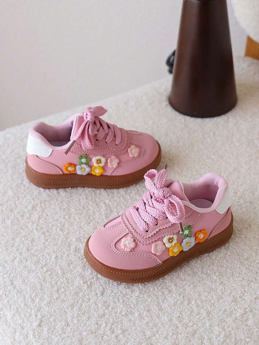 1双女童刺绣花朵休闲运动鞋，软底，透气，春秋季 - 粉色 - 查看 1