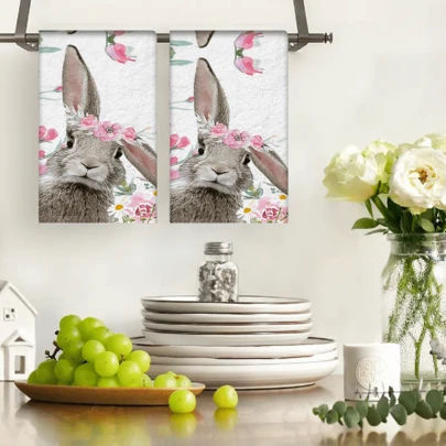 2/4/48pcs Floral & Rabbit Pattern Polyester Dish Cloths, Absorbent Soft , Suitable For Kitchen Cleaning And Easter Holiday Decor, Fresh Design Adds Home Aesthetic, Easter Room Decor Towels