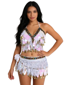 Belly Dance Costume Set Halter Neck Sequin Tassel Bra & Hip Scarf Performance Outfit - Multicolor - View 12