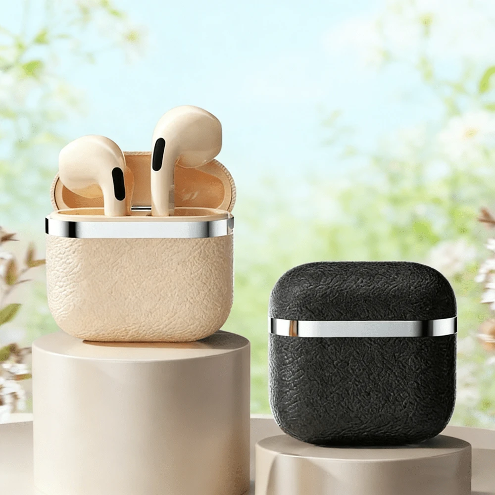 Stylish In-Ear Bluetooth Earphones With Leather Texture Compact Design Long Battery Life Universal Headphones With Mic For All Smartphones - Multicolor - View 1