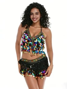 Belly Dance Costume Set Halter Neck Sequin Tassel Bra & Hip Scarf Performance Outfit - Multicolor - View 9