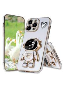 New Electroplated Astronaut DIY Heart-Shaped Phone Case, New Electroplating Technology Anti-Drop Phone Case + Electroplated Hidden Stand + Full Phone Case Set, Suitable Compatible With Iphone 11/12/13/14/16 Pro Max, S22/23/24+ UA04/A05/A14/A15/A24/A25/A34/A54S, OPPO, VIVO, Redmi 13C/Note 14 Pro Plus - White - View 1