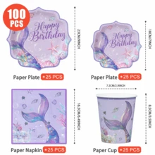Mermaid Tail Birthday Petal Shaped Disposable Plates, Napkins, Cups, One-Time Party Supplies Set, Fits 25 Guests, Disposable Paper Plates Party Tableware Suitable For Birthday, Wedding, Theme Party, Family Picnic - Multicolor - View 10