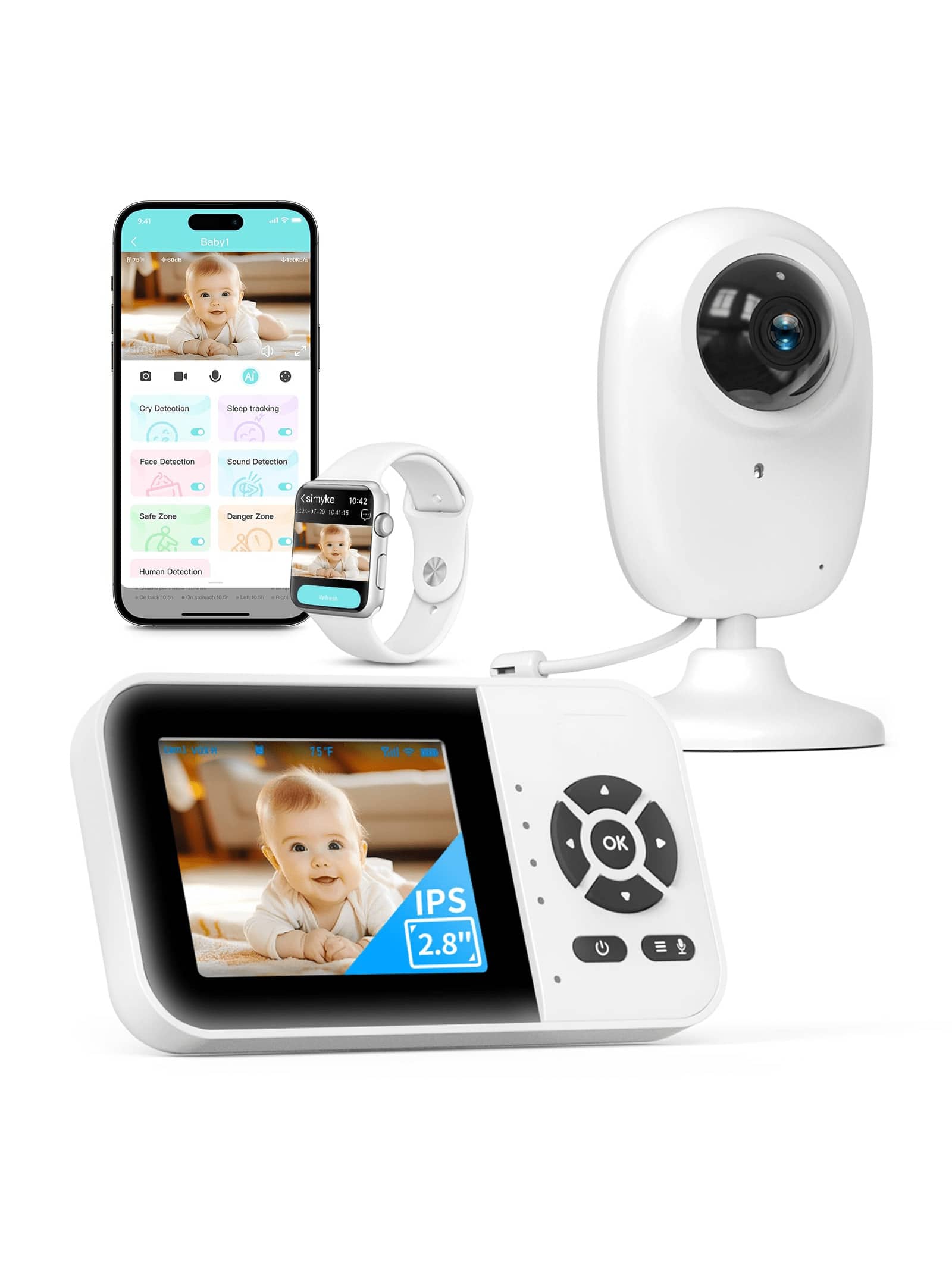 Smart Baby Monitor With 1 Cameras And Audio,App,Long Range,Night Vision,Temperature Sensor,2 Way Talk, Feeding Clock And Lullabies,Home Use - 白色 1 camera - 查看 1